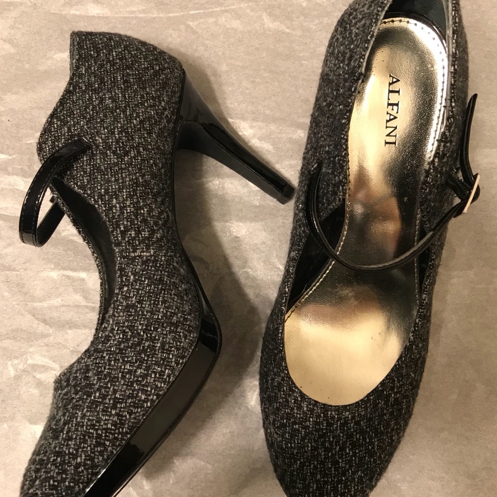 Tweed Black Gray White Shiny Heels